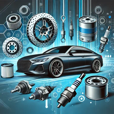 DALL&middot;E 2025-02-25 11.24.01 - A professional web banner featuring a sleek modern car with various auto parts surrounding it. The auto parts include brake discs, oil filters, spark